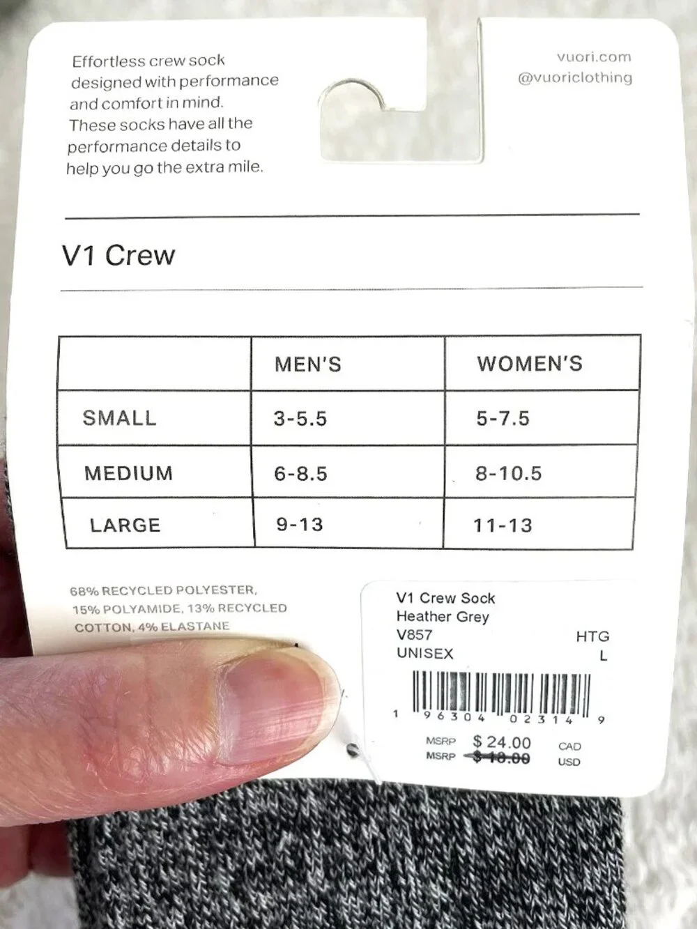2 Pairs Vuori V1 Crew Socks Heather Gray - Unisex Size L